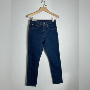 Levi's Premium 501 skinny high rise 27x28 dark denim jeans leather patch button
